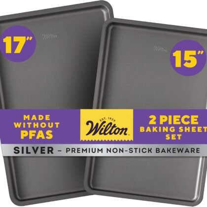 Wilton Silver 2- Piece Non-Stick Baking Sheet Set, Cold-Rolled Steel Bakeware for Baking and Roasting, Made without PFAS