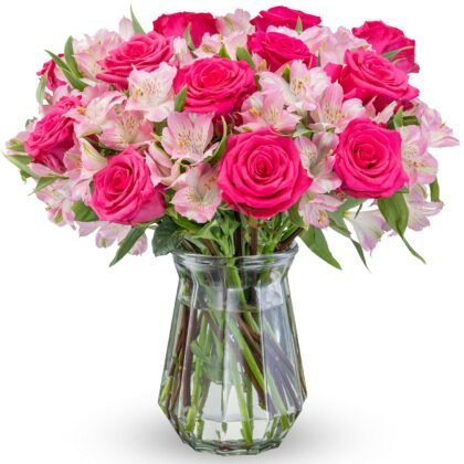 Benchmark Bouquets - Charming Roses & Alstroemeria (Glass Vase Included) - Fresh Flowers for Delivery - Gift for Graduation, Birthday, Anniversary, Sympathy, Get Well, Congratulations