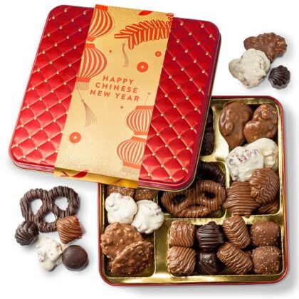 Chinese New Year Chocolate Gift Tin – Gourmet Chocolate Assortment Gift Box, Red Candy Tin with Premium Milk & Dark Chocolates, Lunar New Year Gift for Family Friends Coworkers, Holiday Treats- Bonnie and Pop