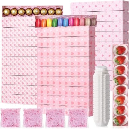 30 Sets Valentine Chocolate Strawberries Boxes with Clear Window 30 Pcs Bakery Macaron Boxes 250 Pcs Paper Food Trays 4 Bags Raffia Gift for Valentine 12 x 2.2 x 2 Inch(Elegant Style)