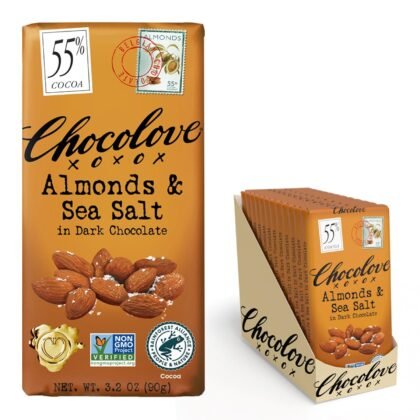 Chocolove Almonds & Sea Salt Dark Chocolate Bars | 55% Cocoa | Crunchy Almonds with a Salty Twist | Premium Dark Chocolate | Non-GMO & Gluten-Free, 3.2 oz Bar (12 Pack)