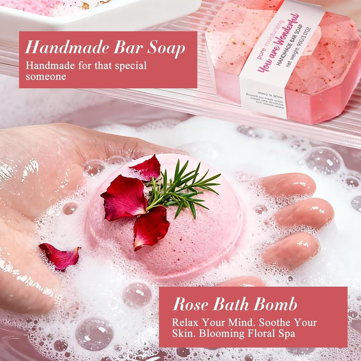 Spa Gifts for Women 7 Pcs Home Spa Kit Rose Gifts for Woman,Spa Gift Baskets Self Care Gifts Spa Gift for Women Birthday,Mothers Day Basket Easter Christmas Bath Set - Image 3