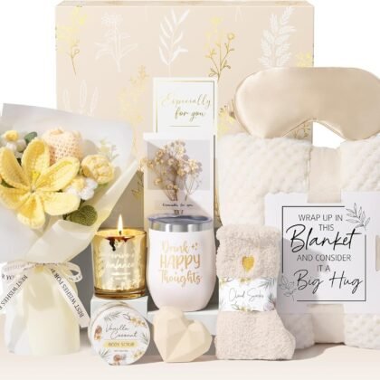 Birthday Gifts for Women Self Care Package Get Well Soon Gift Baskets, Thinking of You Sympathy Spa Gift Set w/ Crochet Flower Bouquet, Unique Mothers Day Easter Gifts Basket for Women Mom Sister Wife