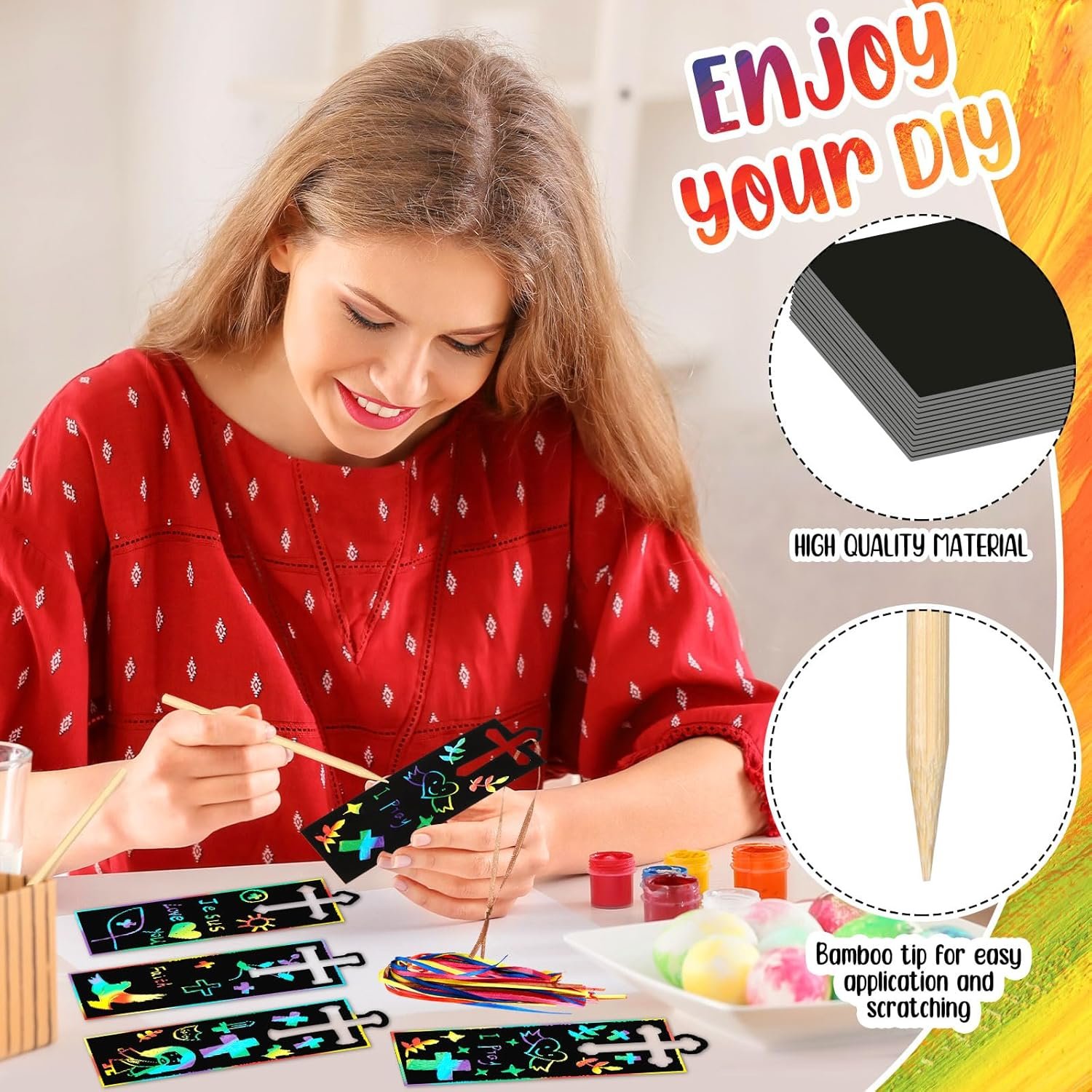 Eersida 100 Pcs Christian Cross Scratch Cards Cross Ornaments DIY Bookmarks Paper Cards Rainbow Color Craft Kit Scratch Off Paper Religious Party Favors Easter Baptism Birthday Gifts Church Decor - Image 2