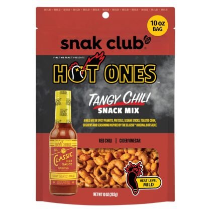 Snak Club x Hot Ones Tangy Chili Snack Mix, Mild Spicy Snacks with Peanuts, Pretzels, Sesame Sticks, Toasted Corn & Cashews, Inspired by Hot Ones Hot Sauce, 10 oz Bag