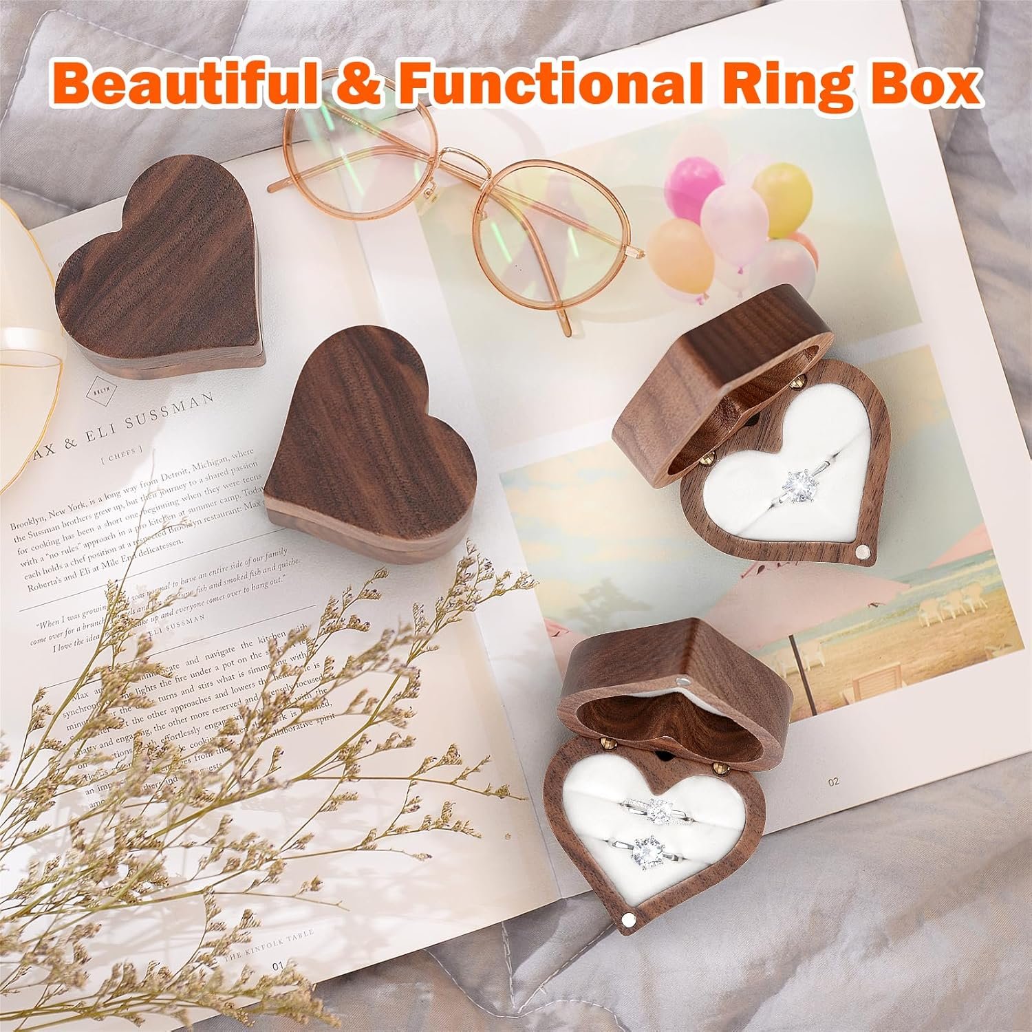 LETURE Wooden Heart Shape Ring Gift Box with Single Slot 2 Slot, Personalized Vintage Wood Jewelry Box for Proposal Engagement Wedding Ceremony Anniversary (White-1 Slot) - Image 4