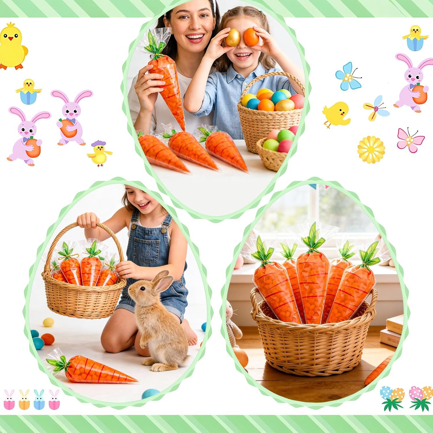 Easter Carrot Transparent Cone Cello Bags, Easter Treat Bags, Easter Goodie Bags, Cellophane Cone Shaped Candy Cookie Popcorn Snack Goody Bags with Twist Ties for Easter Party Favor Supplies, 50Pcs - Image 7