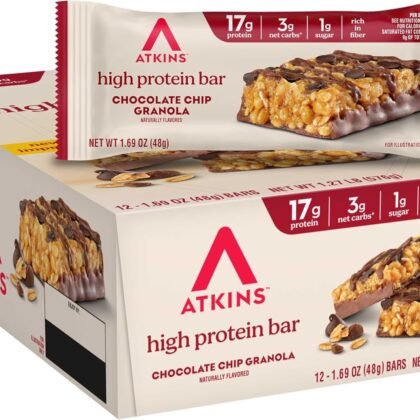 Atkins Chocolate Chip Granola Protein Bar, High Fiber, Low Sugar, 17g Protein, 3g Net Carb, High Protein Bars, Keto Friendly, 12 Count