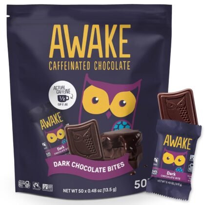 AWAKE - Caffeinated Chocolate Bites - Dark Chocolate, 50 Bites - 50mg Caffeine - Individually Wrapped Energy Bites - Coffee Alternative - Fairtrade, Gluten Free, Non GMO - 0.48oz