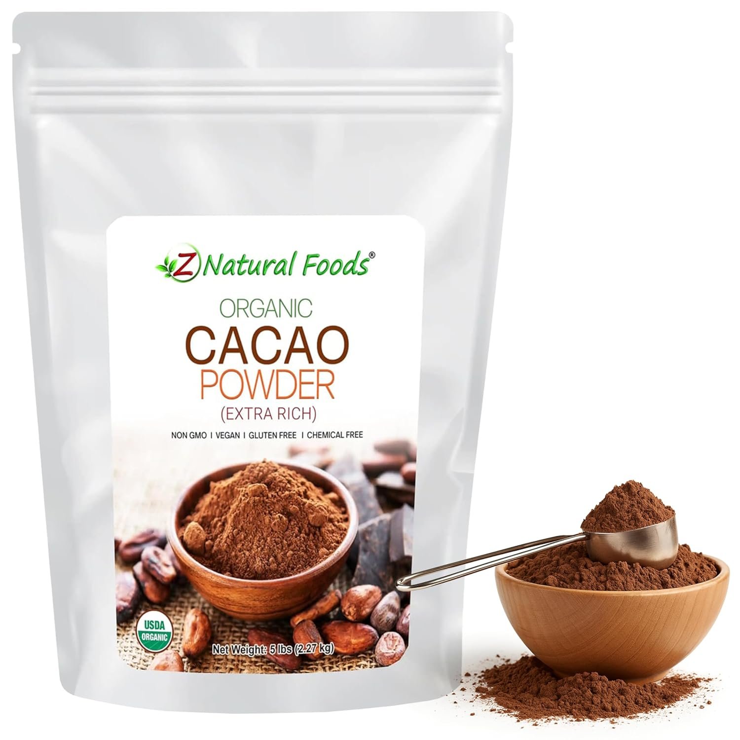 Z Natural Foods Organic Cacao Powder - Unsweetened Nutrient-Dense Superfood for Healthy Aging - Extra-Rich Dark Chocolate Flavor Perfect for Chocolate Recipes, Shakes or Smoothies, 5 lbs