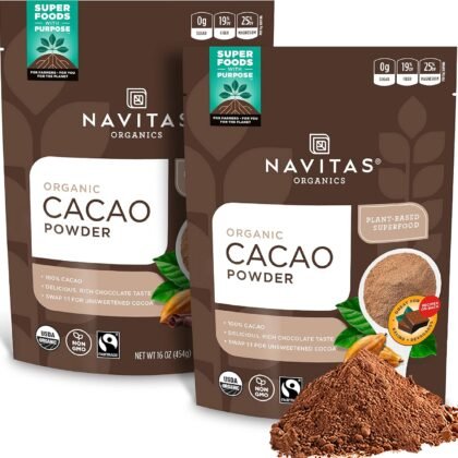 Navitas Organics Cacao Powder, 16 oz. Bags (Pack of 2) — Organic, Non-GMO, Fair Trade, Gluten-Free (19-002)
