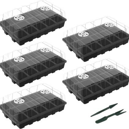 Gardzen 5-Pack Seed Starter Kits, Reusable Plant Germination Trays with Total 75-Cell, Seed Starter Tray with Humidity Vented Domes and Bases for Starting Vegetable Flower Herb Seeds 15" x 9"
