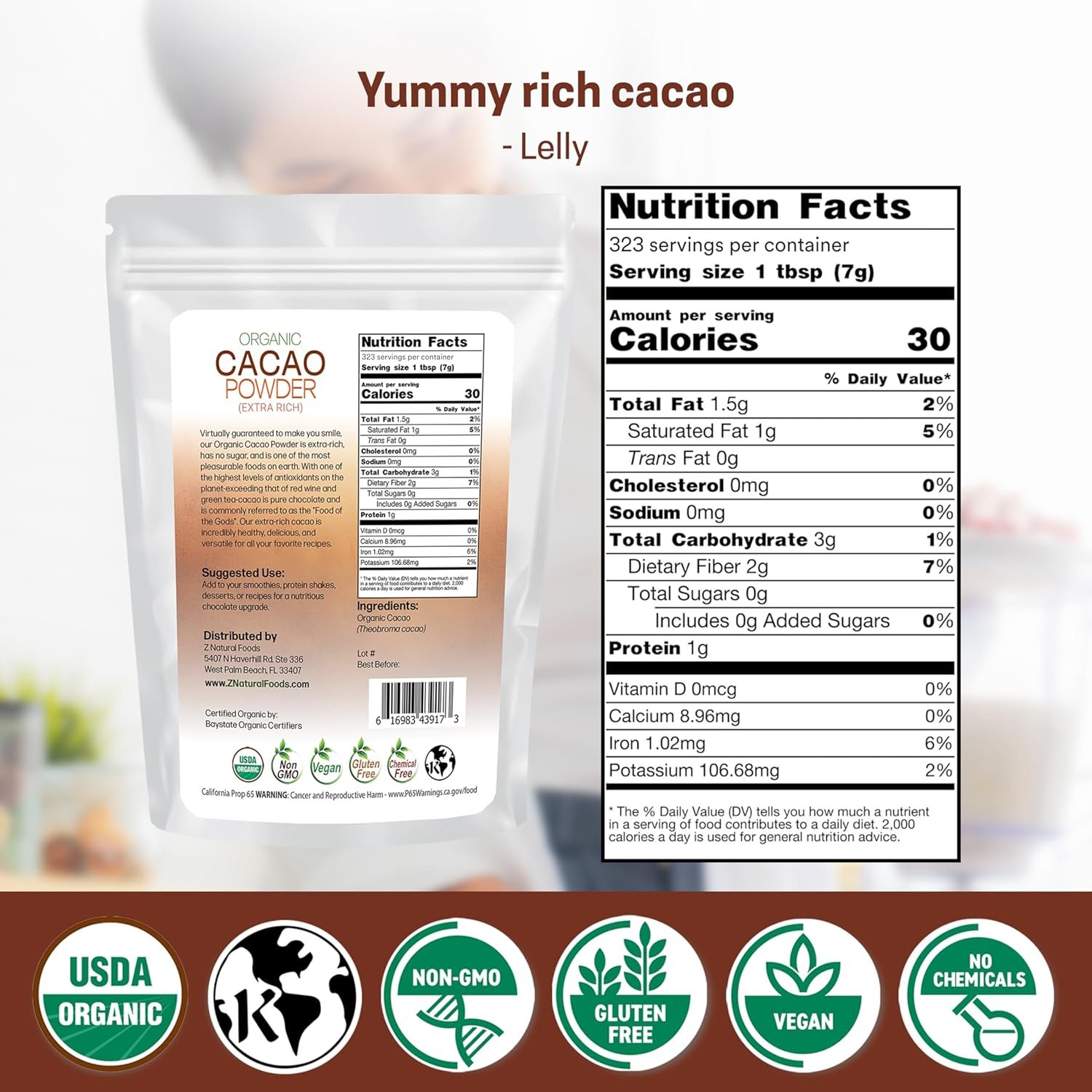 Z Natural Foods Organic Cacao Powder - Unsweetened Nutrient-Dense Superfood for Healthy Aging - Extra-Rich Dark Chocolate Flavor Perfect for Chocolate Recipes, Shakes or Smoothies, 5 lbs - Image 2