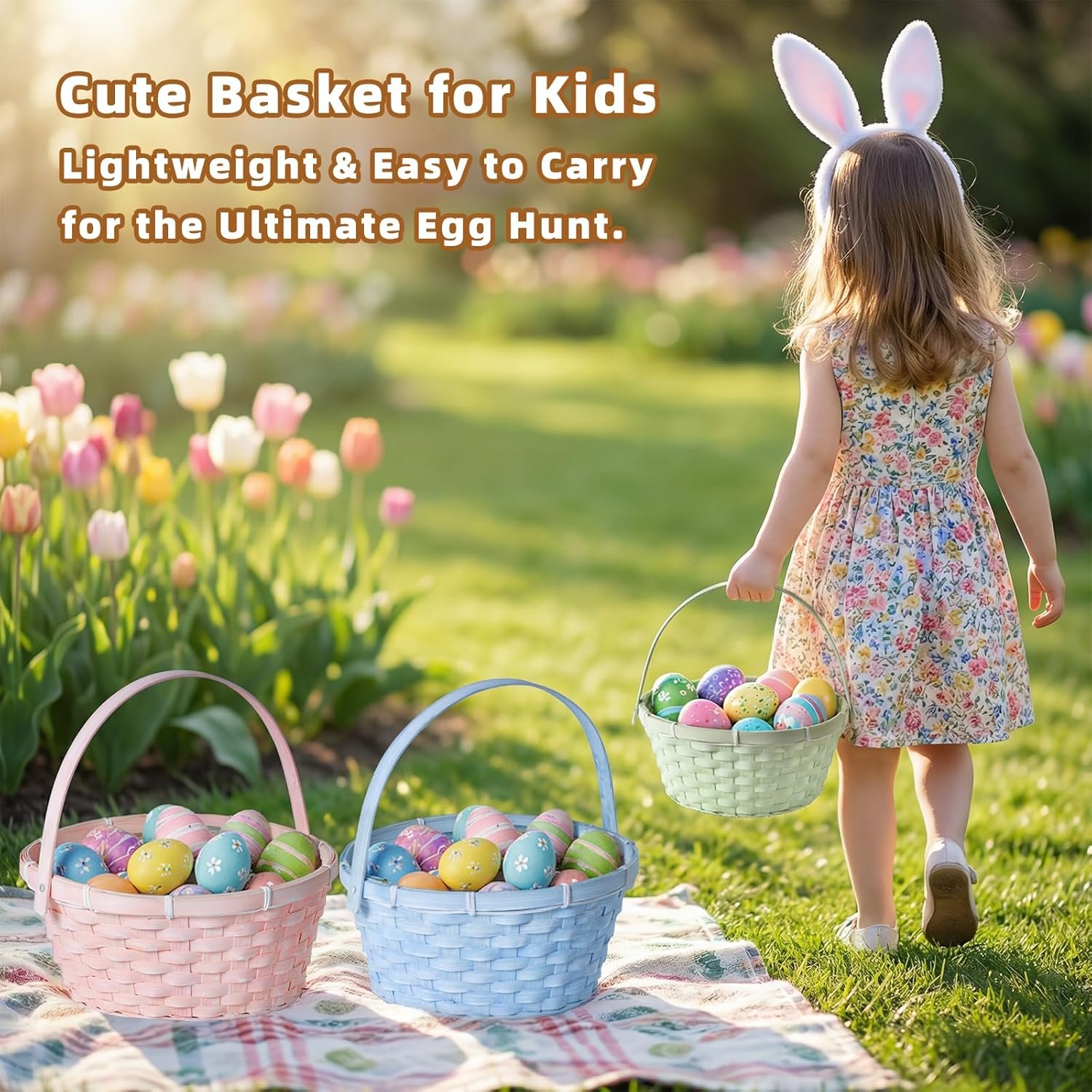 Lanpn Easter Baskets 3 Pcs Natural Bamboo Set with Easter Grass Fillers for Easter Egg Hunt Candy Picnic and Pastel Spring Decoration Woven Basket (Pink Blue Green) - Image 5