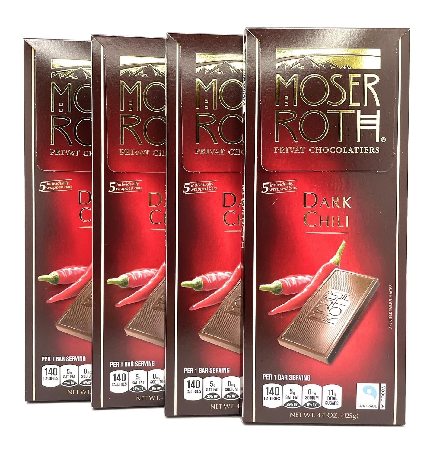 Premium Dark Chili Moser Roth Privat German Chocolate 4.4oz (125g) – Pack of 4