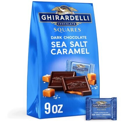 GHIRARDELLI Dark Chocolate Sea Salt Caramel SQUARES – Premium Individually Wrapped Dark Chocolate Candy Filled with Buttery Caramel and Sea Salt, 9 oz Bag
