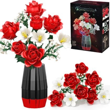 Roses Flower Bouquet Building Set with Vase, Mom Gifts for Mothers Day, 1077PCS Artificial Botanical Collection Teacher Nurse Appreciation Birthday Gifts for Wife Grandma Women Her Him Teen Girl Adult