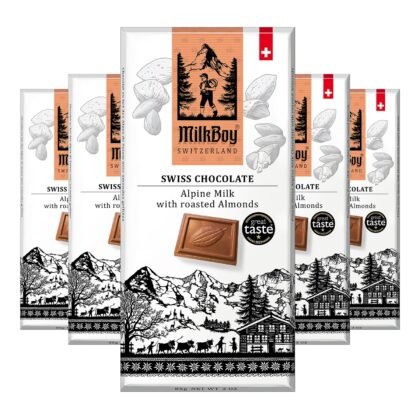 Milkboy Swiss Chocolates Almond Chocolate Bars - Premium Swiss Alpine Milk Chocolate with Almonds - All Natural, Gluten-Free, Non-GMO - Made in Switzerland, Kosher - 3 oz, Pack 5