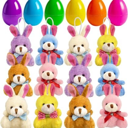 12 Pcs Prefilled Easter Eggs Plush Toy, 2.35in Bright Colorful Eggs Prefilled with Variety Plush Bunnies Easter Basket Stuffers Party Favors Gift Bags
