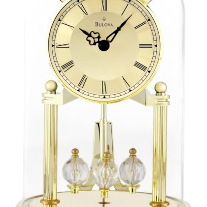 Bulova Tristan I Desk and Table Clock | Model B8818 | Polished Brass Finish | Polished Metal Base | Floating Dial | Roman Numerals | Elegant Pendulum Design