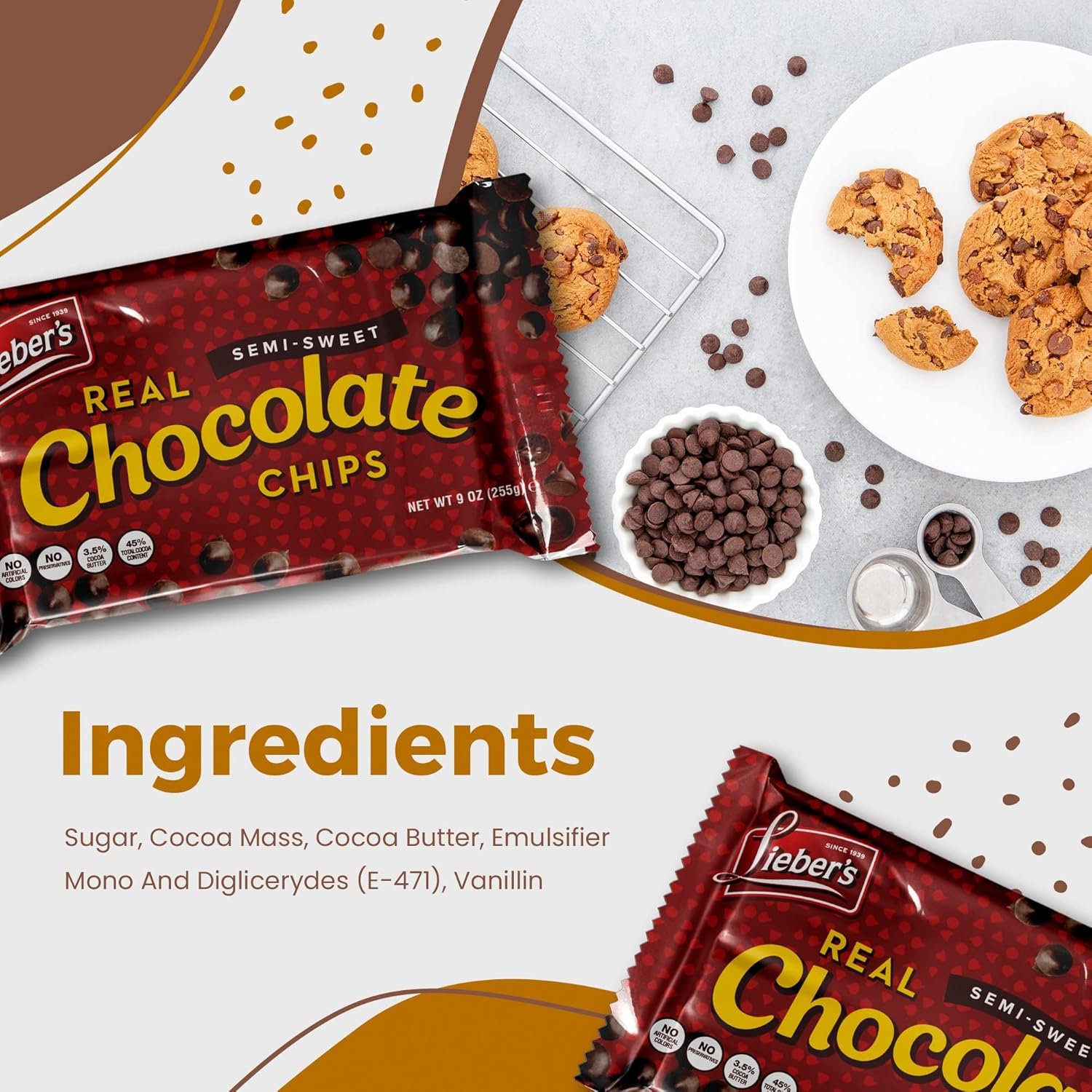 Lieber’s Vegan Semi-Sweet Real Chocolate Chips, 9 oz – Gluten Free, Dairy Free, Kosher Parve, Low Calorie Chocolate Chips for Baking (9 Oz Pack Of 3) - Image 3