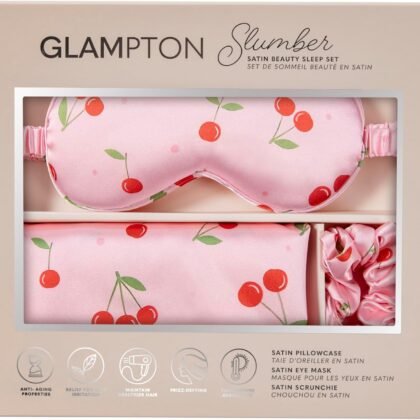 Slumber Satin Beauty Sleep Set, Cherry, 3-Piece Set with Pillowcase, Eye Mask, and Scrunchie