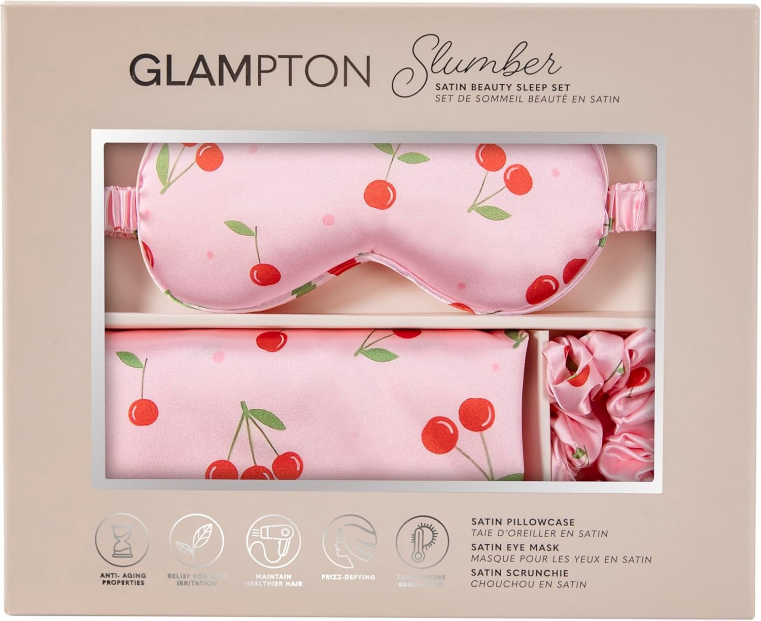 Slumber Satin Beauty Sleep Set, Cherry, 3-Piece Set with Pillowcase, Eye Mask, and Scrunchie