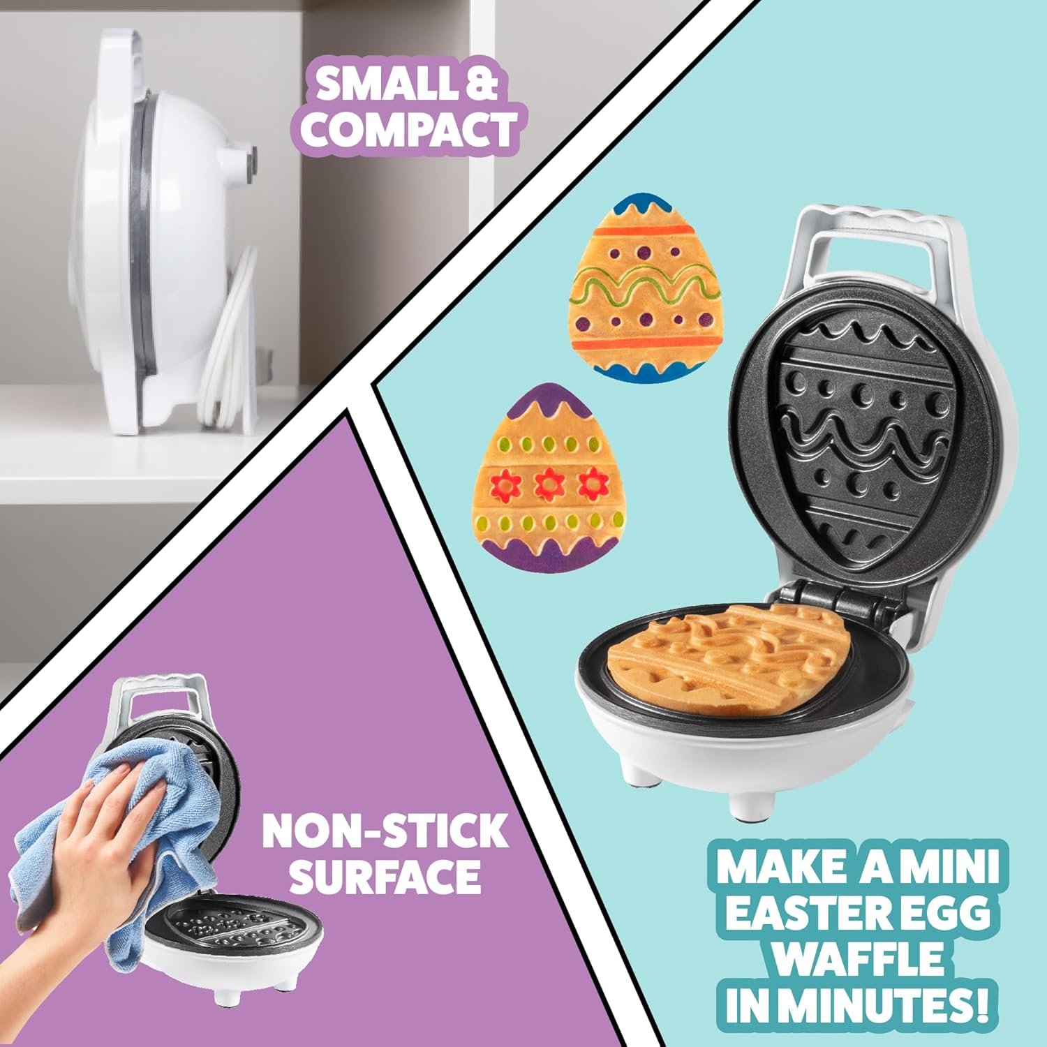 Mini Easter Egg Waffle Maker- Make Holiday Morning Breakfast Special - Includes 4 Edible Food Markers for Optional Extra Decorating Fun - Easter Bunny Basket Stuffer, Egg Hunt Surprise Gift for Kids - Image 3