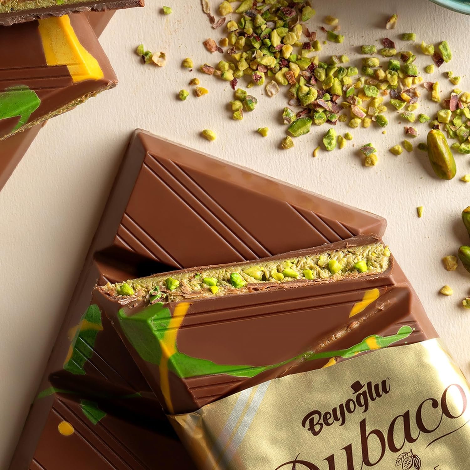 Beyoglu Dubaco Dubai Chocolate Bar Pistachio 7.05 Oz (Pack of 1), Luxury & Premium Dubai Milk Chocolate Bar Filled with Pistachio Butter & Shredded Knafeh Kadayif - Image 3