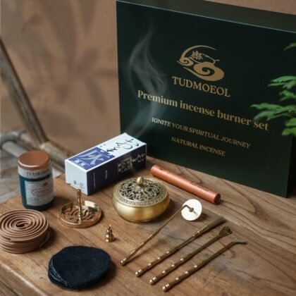 Powder Incense Burner Kit with Brass Censer, Incense Ash Tools and Mold Press Set, Complete Gift Box for Meditation, Yoga and Home Relaxation