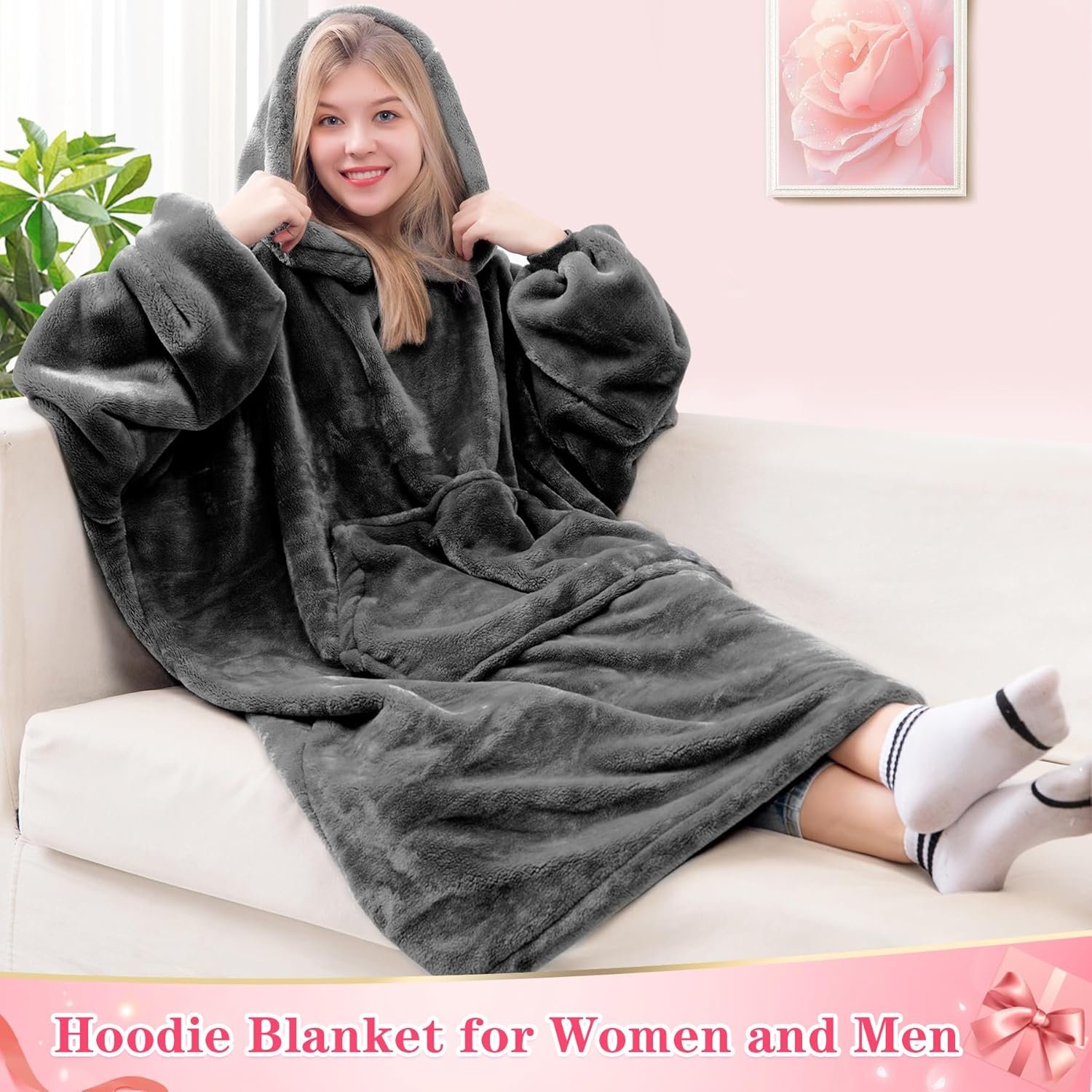 Waitu Wearable Blanket Sweatshirt Gifts for Women and Men, Warm and Cozy Giant Blanket Hoodie, Thick Flannel Blanket with Sleeves and Giant Pocket - Dark Gray - Image 3