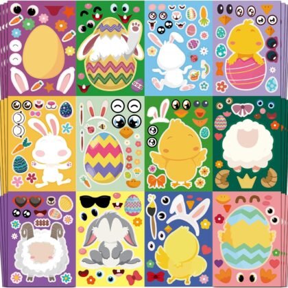 Aowplc 48 Pcs Easter Make-a-Face Sticker Sheets, 8”x 6" Mix and Match Stickers with Animals & Eggs for Kids’ Easter Basket Stuffers, Crafts, Party Favors
