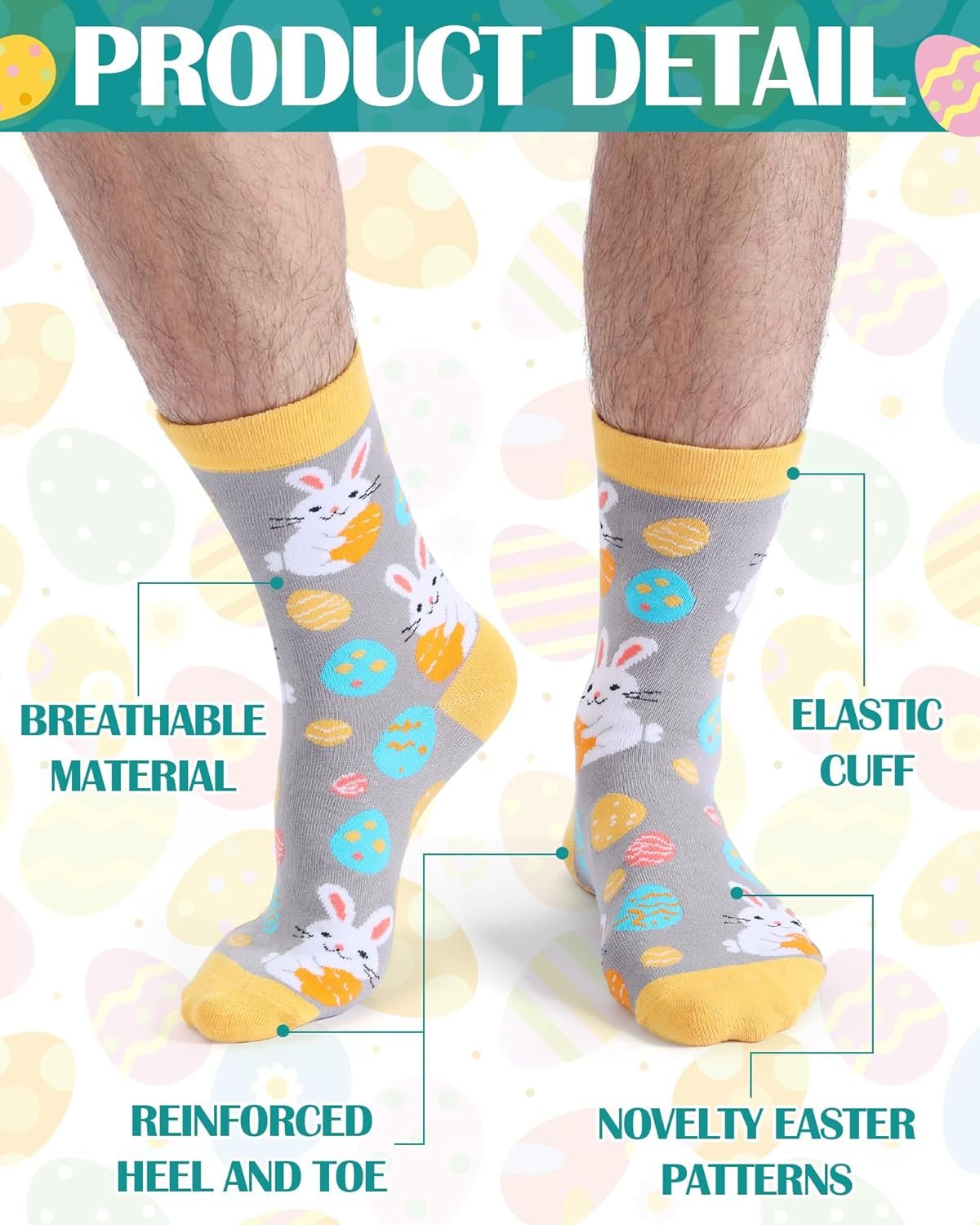 Eurzom 6 Pairs Funny Men's Easter Socks Bunny Eggs Pattern Crew Socks Spring Easter Basket Stuffers Gifts Size 7-12 - Image 2