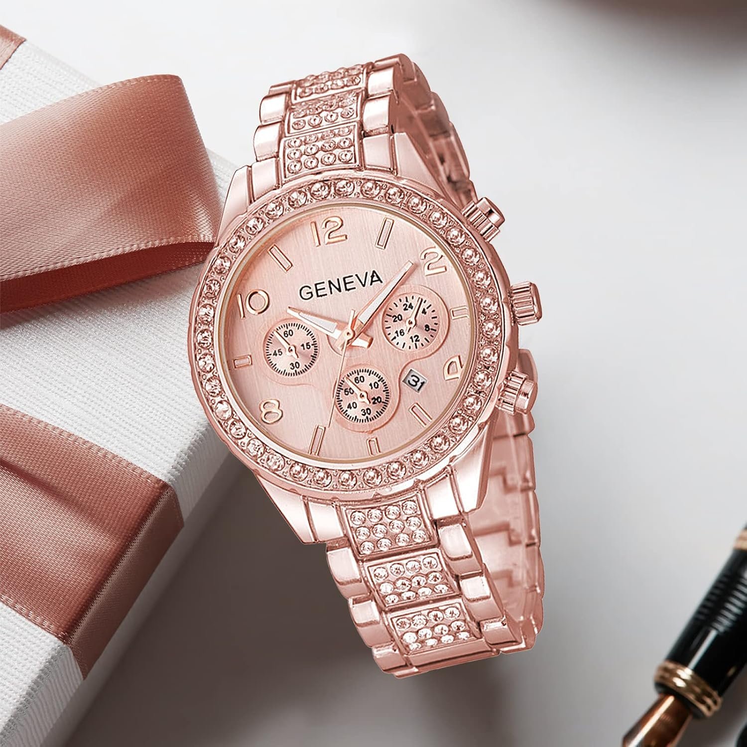 Luxury Unisex Crystal Diamond Watches Quartz Digital Calendar Rose Gold Silver Stainless Steel Watch - Image 4