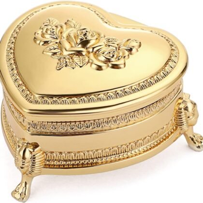 Hipiwe Vintage Metal Jewelry Box with Antique Flower Carved, Small Heart Shape Trinket Organizer Box Earrings Rings Necklace Bracelet Storage Holder, Keepsake Gift Box for Women