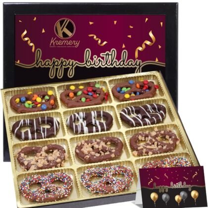 KREMERY Creamy Chocolate Cravings - Birthday Treats Chocolate Covered Pretzel Twists Gift Basket with Candied Toppings (12 Pretzels) Sweets Treats in Sectional Gift Box + Greeting Card, Kosher