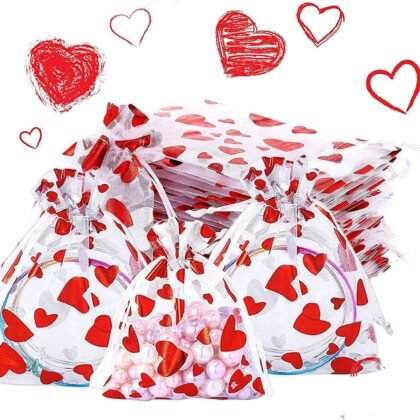 Moonear Heart Candy Bag Organza Jewelry Pouches, Valentine's Drawstring Gift Pouch for Valentine's Day Wedding Party Favor(50pcs)