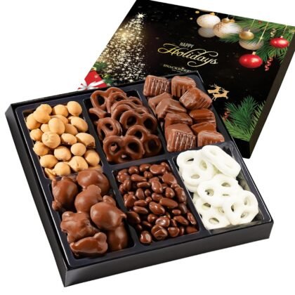 Christmas Premium Chocolate Gift Box – Gourmet Assortment with Chocolate Pretzels, Maple Nuts, Yogurt Pretzels & Milk Chocolate Caramels – Perfect for Holidays, Birthdays