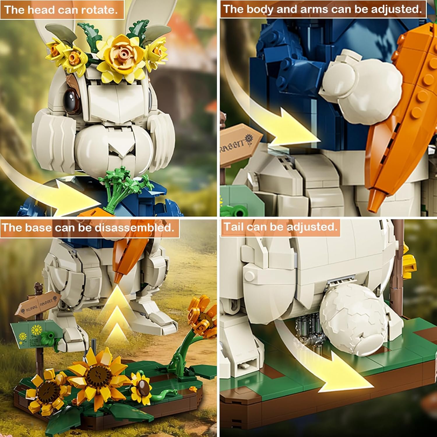 Easter Bunny Building Set with Carrot & Sunflower Base, 1258 PCS Bricks Blocks Rabbit Model Compatible with Lego Easter, Creative Easter Gift for Kids and Adults - Image 4