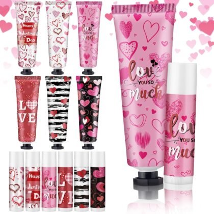 Loopeer 6 Sets Valentine's Day Hand Cream Lip Balm Bulk Gifts Galentine's Day Gift Valentine Party Favor Love Heart Mini Travel Size Moisturizing Hand Lotion for Women Coworker Teacher Nurse, 30 ml