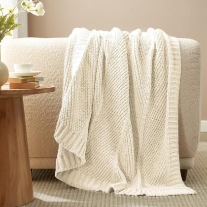 Amélie Home Chevron Chenille Knit Throw Blanket for Couch, Cozy Texture Decorative Soft Blanket for Sofa & Chair, 50"x60", Ivory