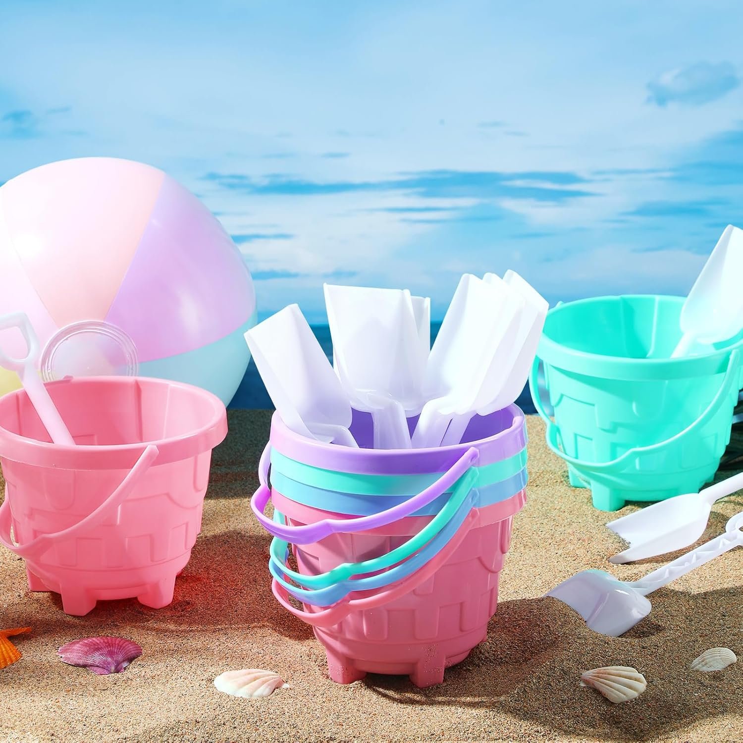 72 Pcs Beach Toys for Kids 24 Set Sand Buckets Shovels Bulk Pastel Beach Balls Inflatable Sand Toys for Girls Boys Toddlers Games Birthday Summer Pool Party Favor (Macaron, Castle) - Image 7