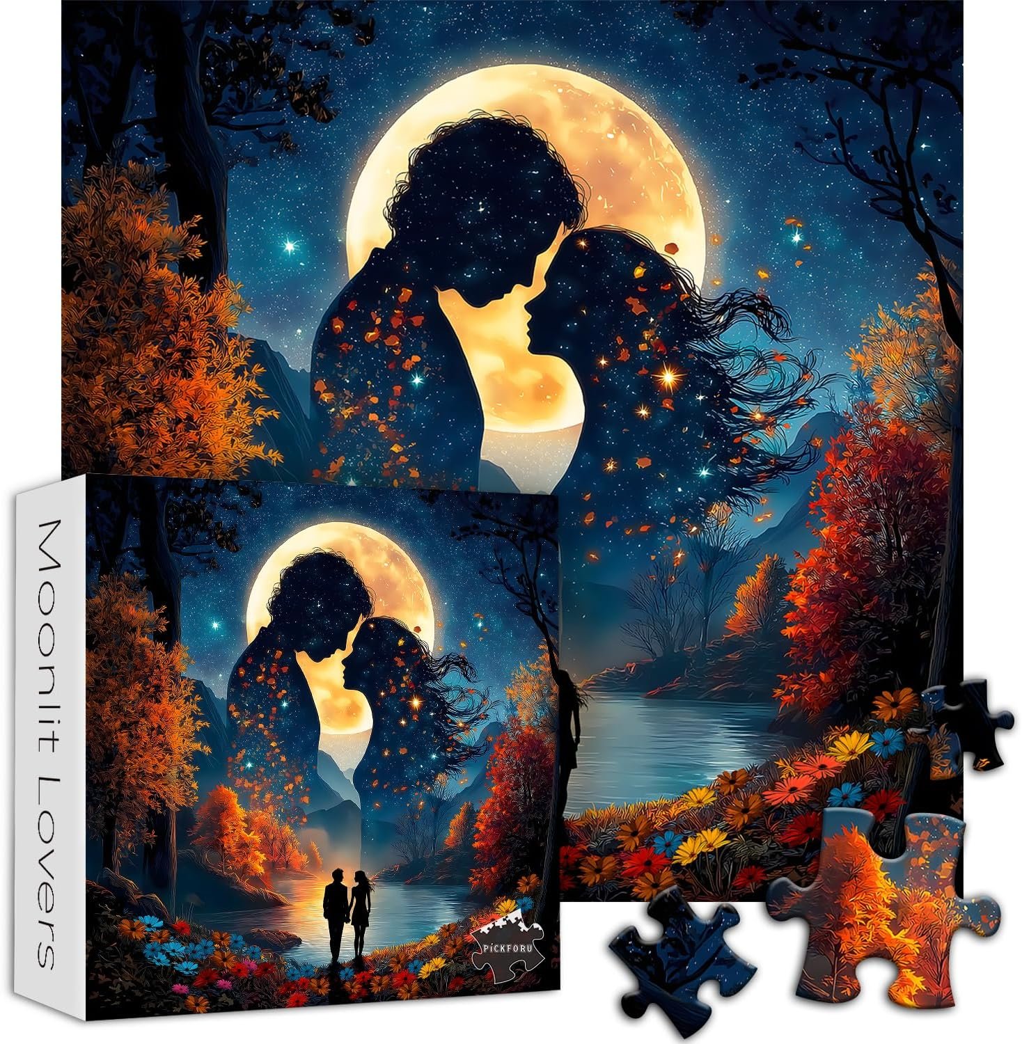 Romantic Couple Puzzles for Adults 1000 Pieces, Full Moon Night Landscape Jigsaw Puzzle with Autumn Scenery Love Themed, Nature Scenic Flower Tree Mountain Puzzle, Challenging for Adults - Image 2