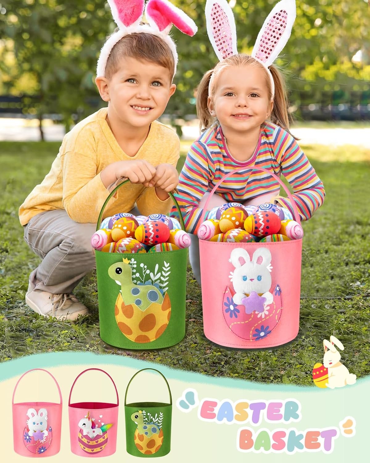 Swooflia Cute Bunny Easter Basket for Kids - Personalized Large Felt Bags Includes One Small Plush Doll My First Tote Bucket Name Tag Easter Egg Hunts, Gift for Girls Boys Toddler Baby - Image 5