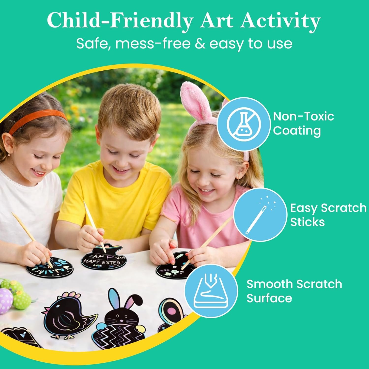 Iconikal 48-Count Easter Scratch Paper Ornaments, Art & Craft Bulk Pack with 24 Sticks Pastel Colored Underlayer - Image 4