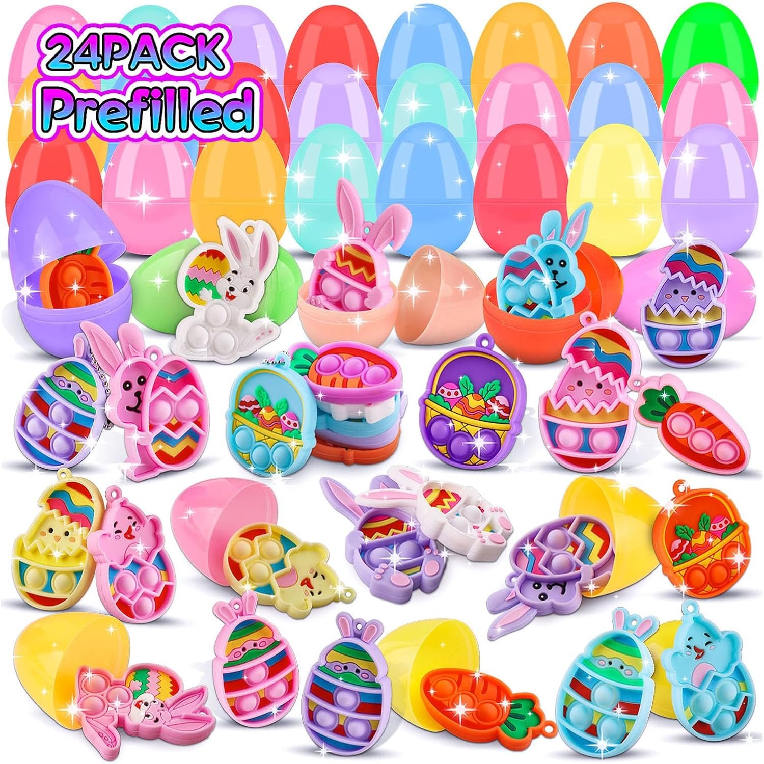 24PACK Prefilled Easter Eggs with Easter Pop Toys, 2.75inch Easter Eggs Filled with Toys, Easter Basket Stuffers for Kids