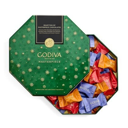 Godiva Holiday Masterpiece Gift Tin, Assorted Milk & Dark Chocolates with Ganache and Caramel, Gourmet Christmas Gift, Kosher & Halal, 50 Pc