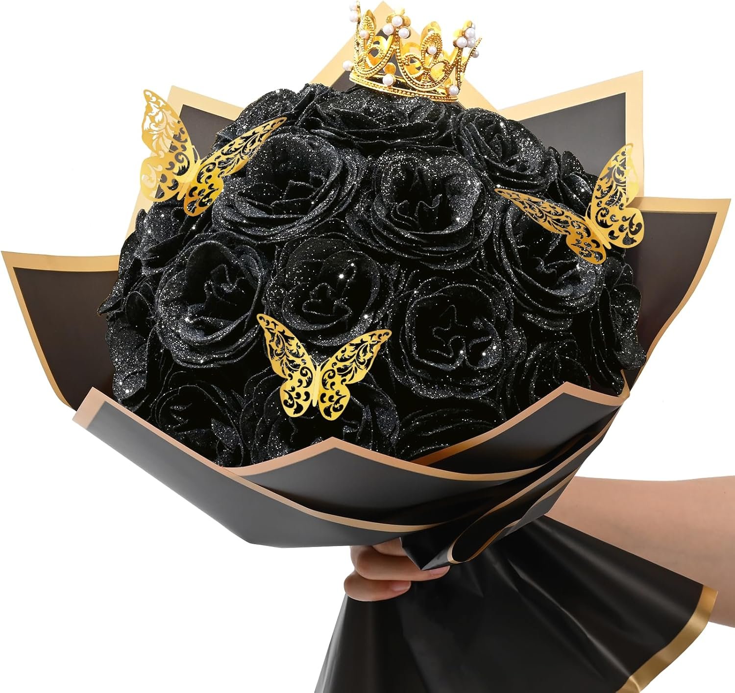 Waipfaru Glitter Roses Bouquet, DIY Fake Flowers Bouquet, Birthday Gifts for Women Mom, 24 Pcs Black Rose for Grandma Wife Girlfriend Valentines, Mothers Day, Anniversary, Graduation