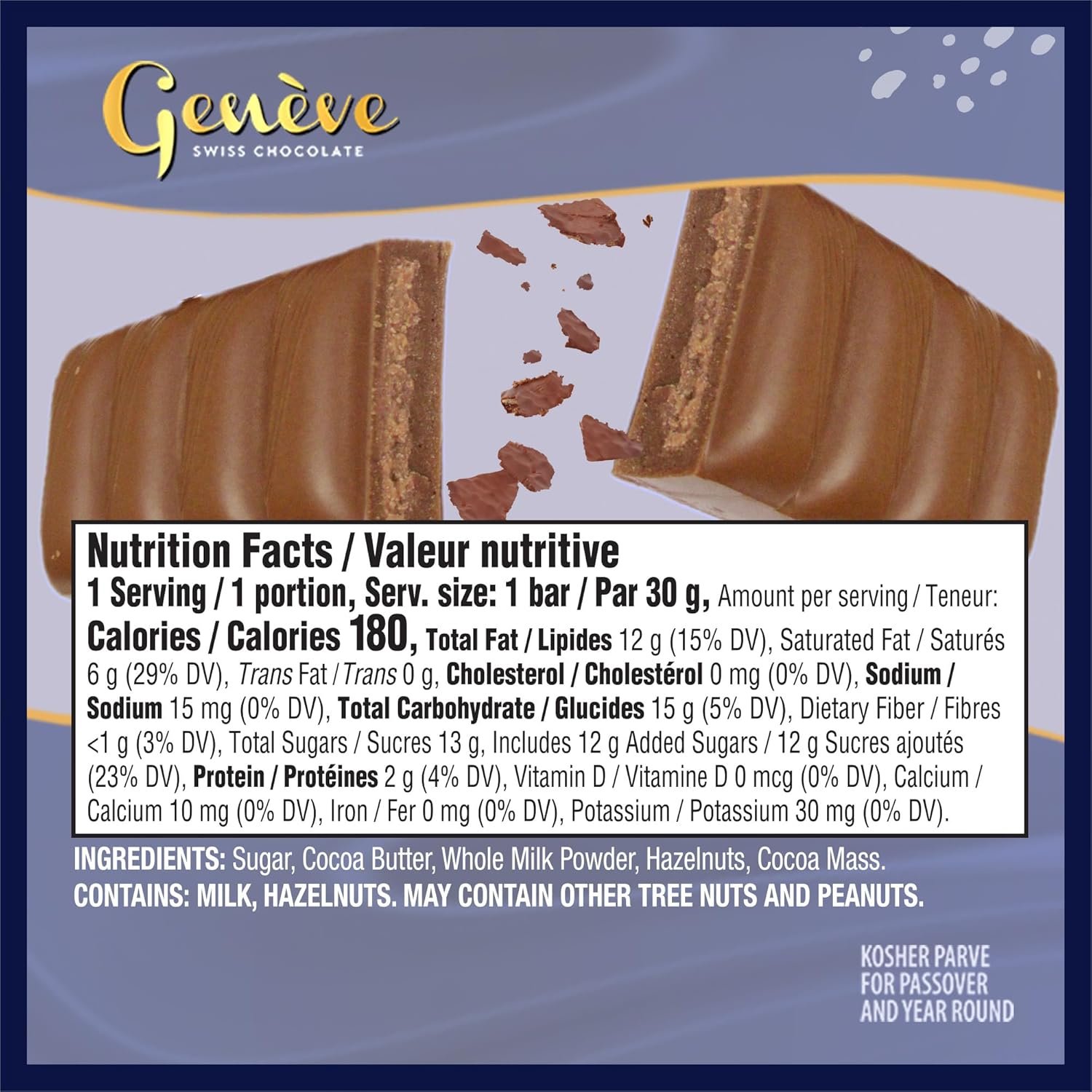 Genève Swiss Milk Chocolate Bars with Praline Filling, 1 oz (12 Pack) | Geneve Jubilee | Individually Wrapped | Rich & Creamy | Kosher (including Passover) - Image 2