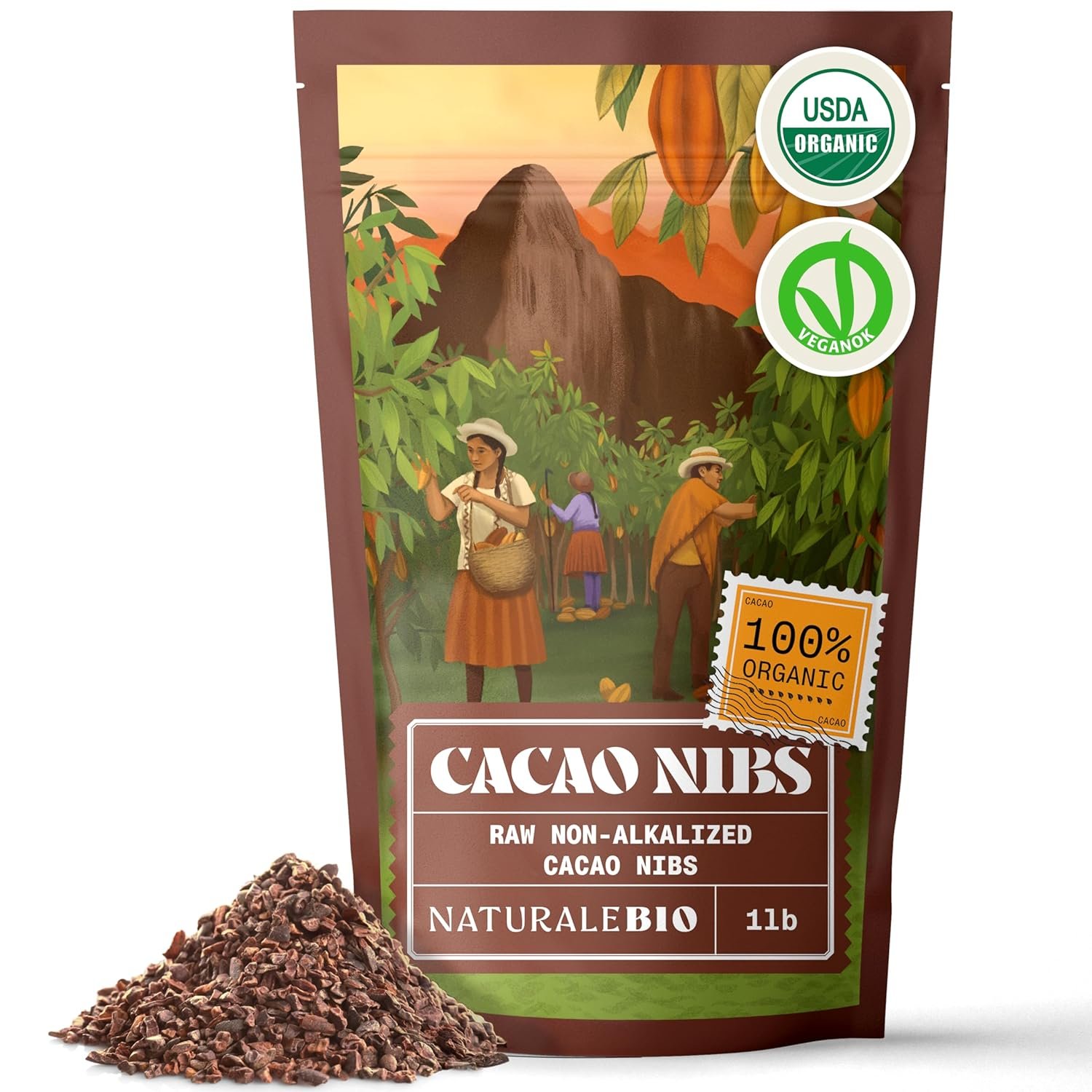 NaturaleBio Cacao Nibs Organic 1 lb. Unsweetened, Non-Alkalized and Pure. Sugar-Free Dark Chocolate Chips Substitute. Non-GMO, Gluten Free, Tested for Heavy Metals. From Raw Cacao Beans